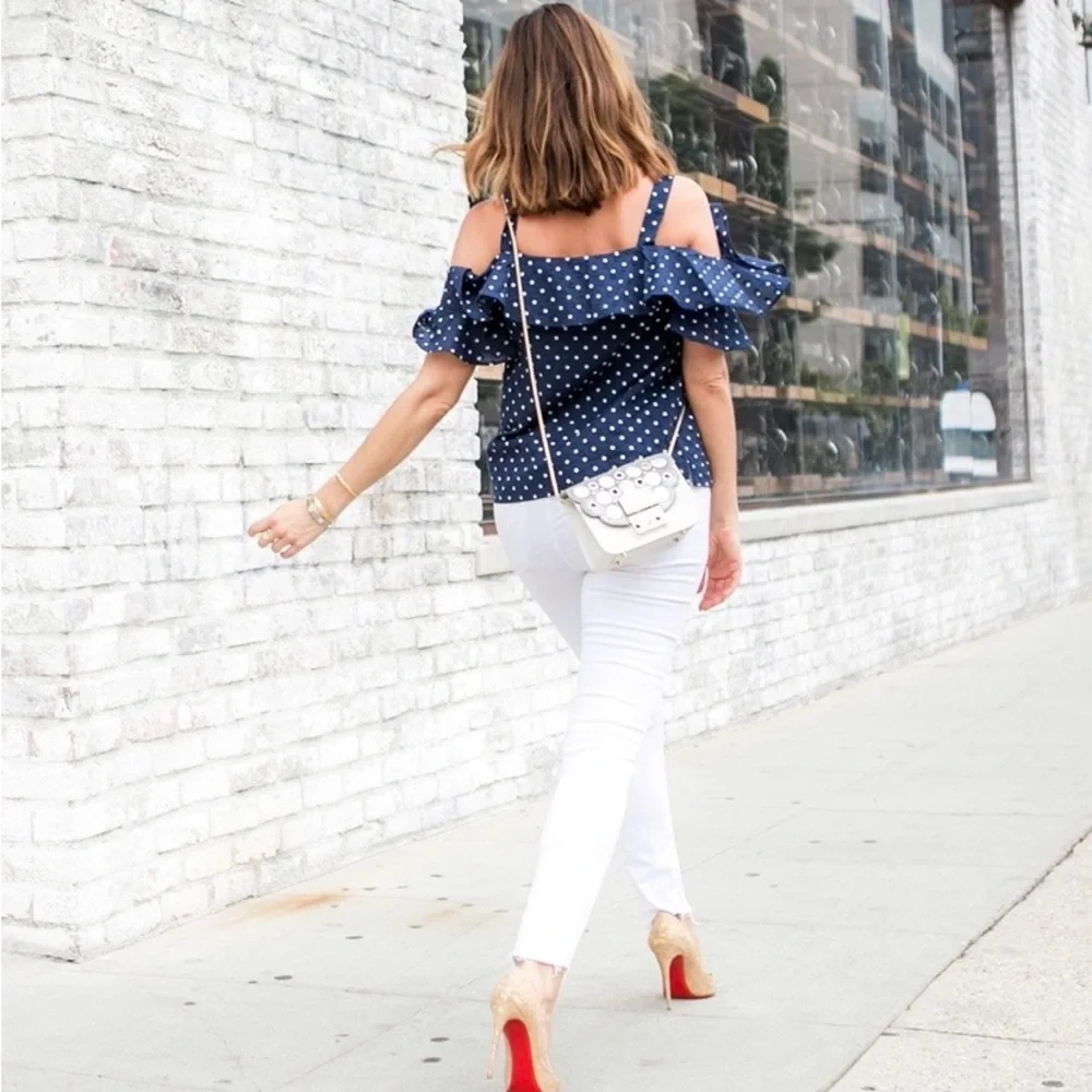 J. Crew Navy Dot Ruffled Off-Shoulder Top - Picture 6 of 8
